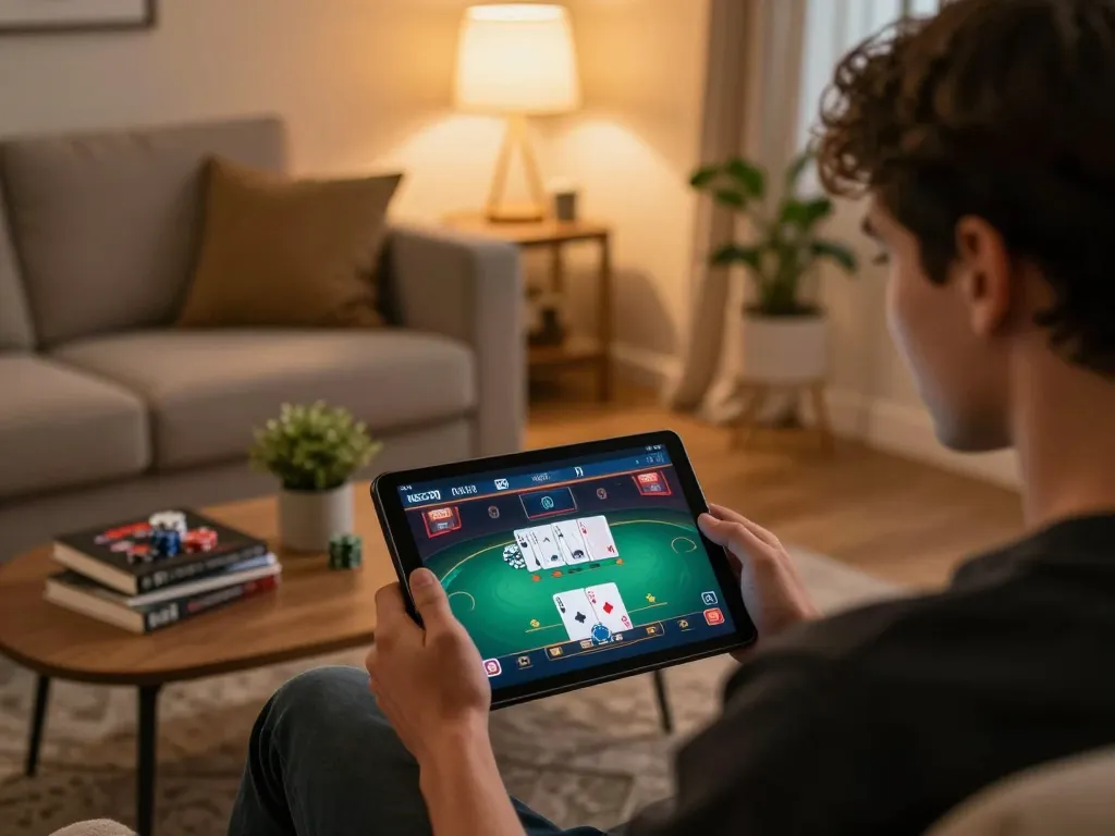 Engaging in a poker game on NEGO77 live app, player immersed in online gambling.