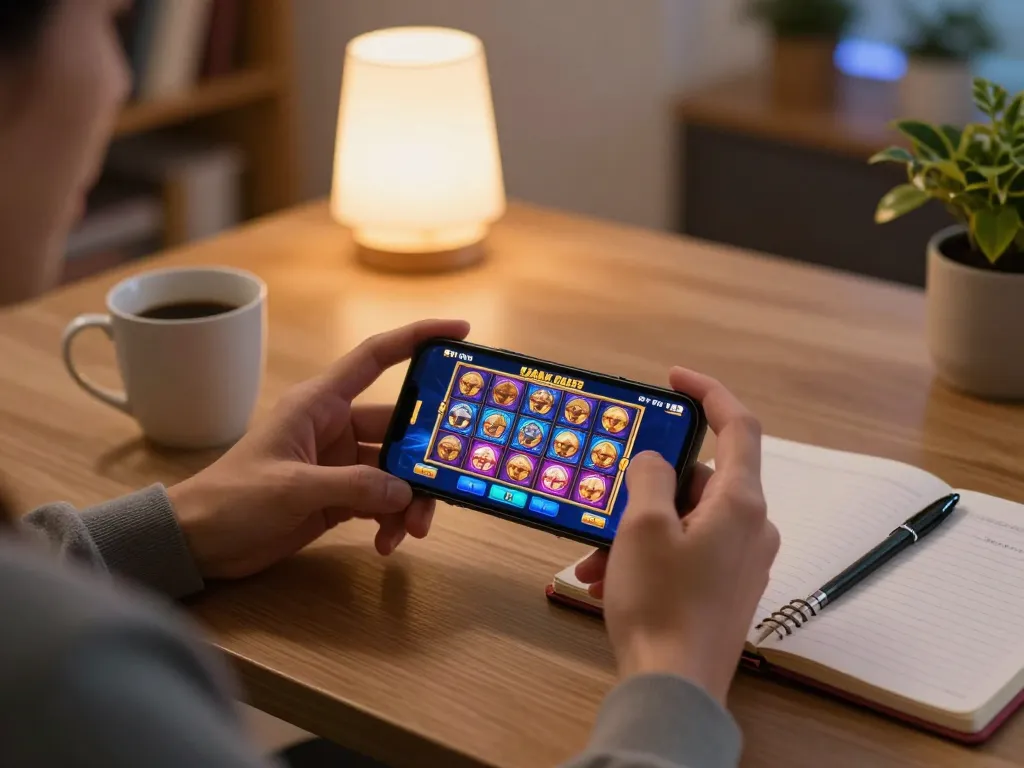 PULSASLOT gameplay on smartphone showcasing engaging slot machine graphics in comfortable home setting.