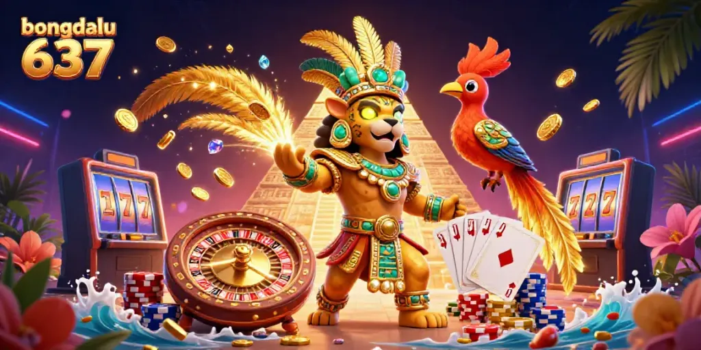Engage in thrilling gameplay with bongdalu 637, showcasing vibrant casino elements like cascading coins, roulette, and poker cards.