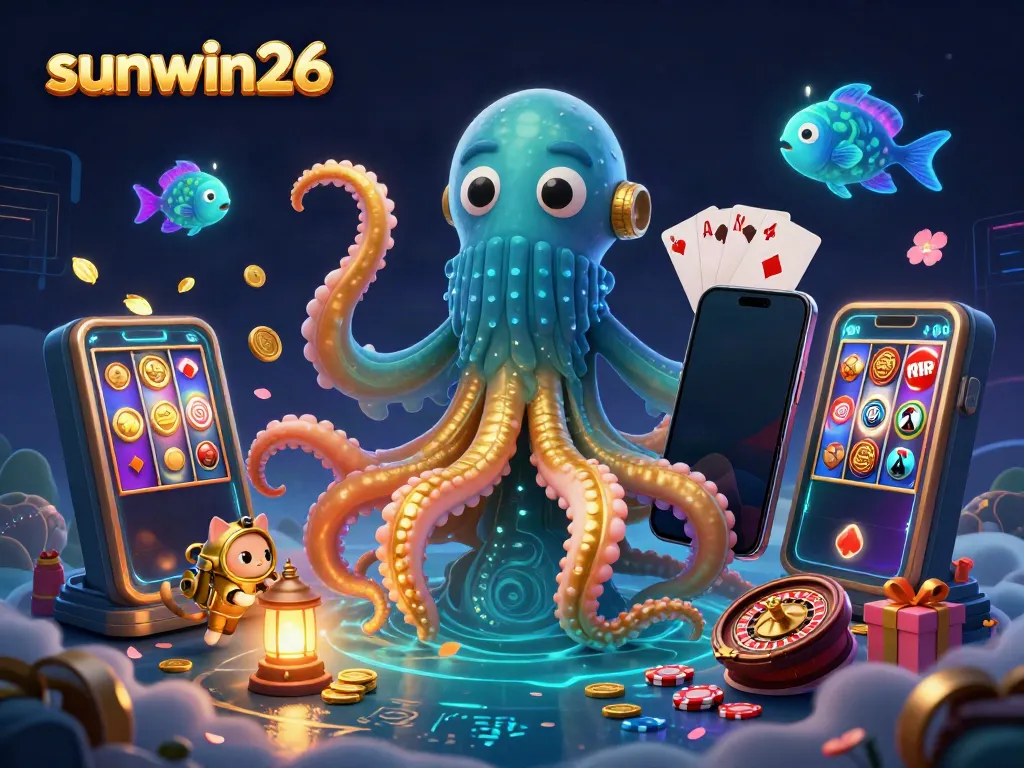 Experience the thrill of gambling with sunwin26's colossal kraken and diving cat in a treasure-filled scene.