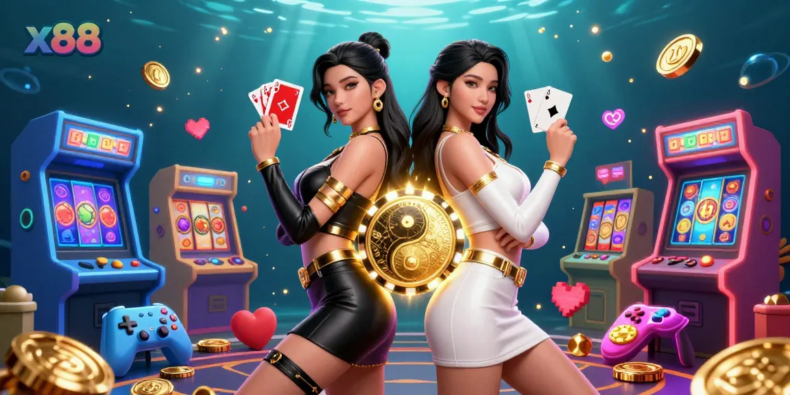 x88 casino experience featuring twin Asian women with playing cards in a vibrant gambling scene