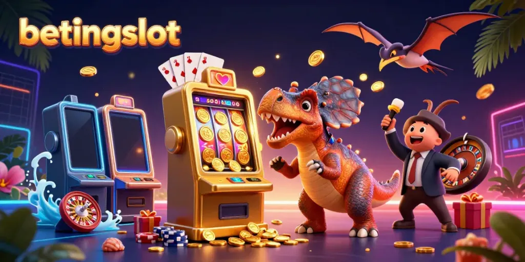 Betingslot menghidupkan suasana kasino dengan dinosaurus dan slot mesin.