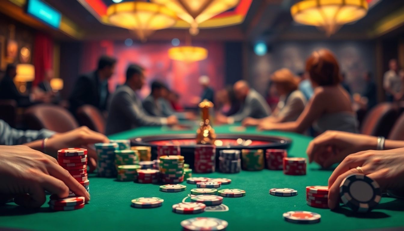 Menangkan permainan dengan tunai 138 di meja poker yang dikelilingi oleh pemain.