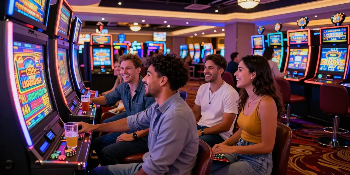Engaging scene of friends enjoying a slot gacor experience in a lively casino.