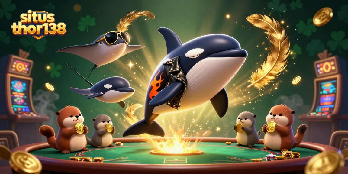 Gambarlah situs thor138 dengan orca, stingray, dan berang-berang laut yang memegang koin emas.