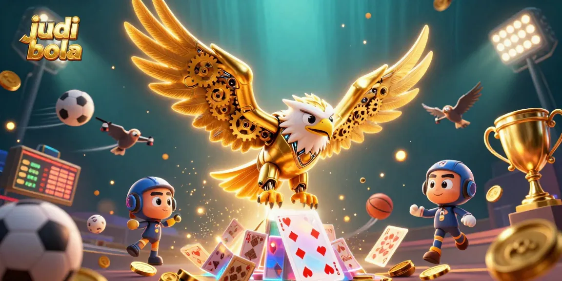 Taruhan judi bola yang menarik dengan ilustrasi 3D burung elang dan elemen olahraga dalam latar belakang