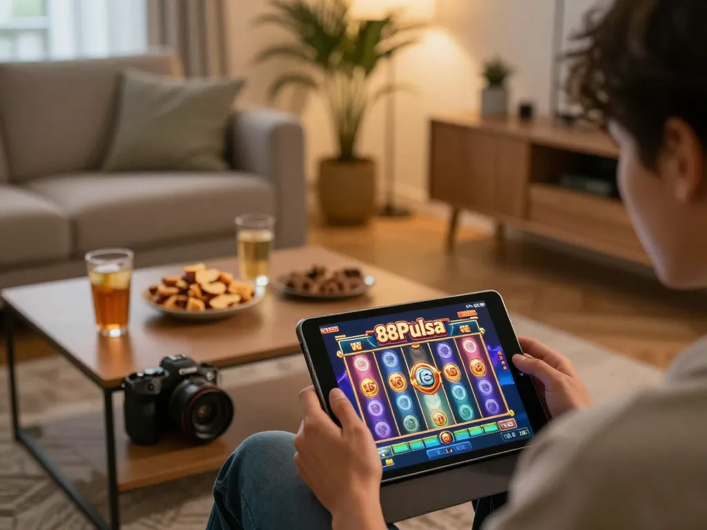 Momen permainan online yang menarik dengan antarmuka slot cerah dari 88Pulsa dalam suasana yang nyaman