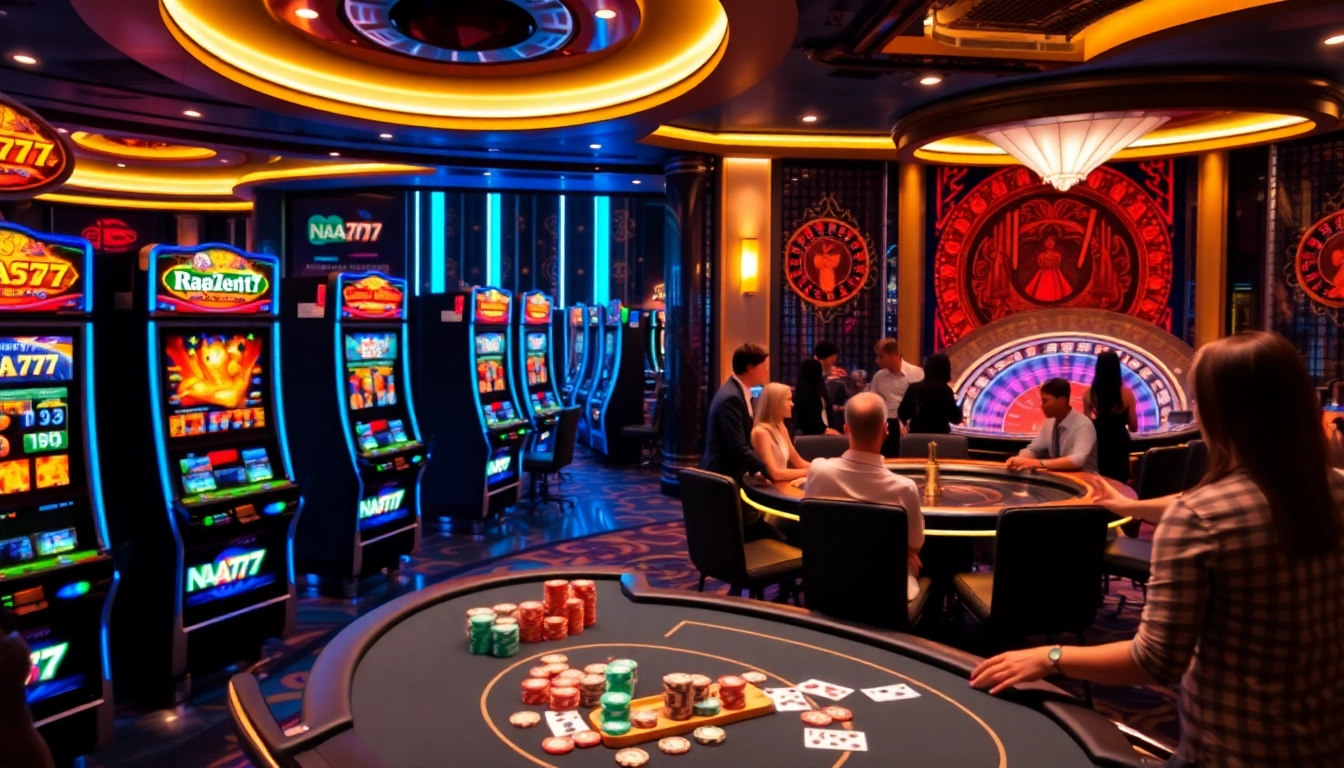 Experience thrilling gaming with the Na777 slot game among luxurious casino elements and vibrant machines.
