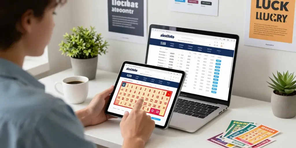 Pengguna terlibat dengan platform togel online alexistoto di meja modern, dikelilingi suasana motivasi dan harapan.