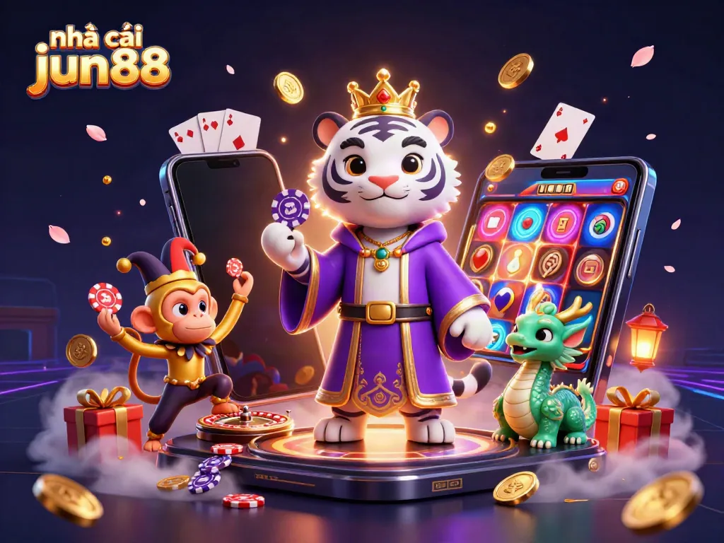 Experience excitement at nhà cái jun88 with a magical illustration of a tiger, monkey, and dragon in a casino scene.