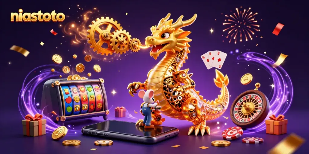 NIASTOTO's vibrant 3D casino scene showcases immersive characters and dynamic slot game elements.