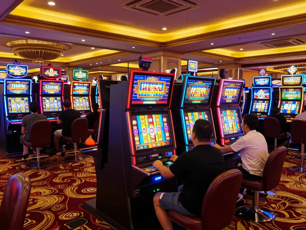 Players engaging with vibrant slot machines, showcasing the excitement of slot thailand gaming.