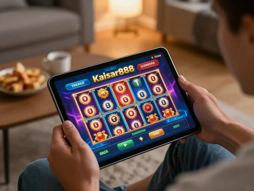 Kaisar888 slot games displayed on tablet during a cozy home gaming session