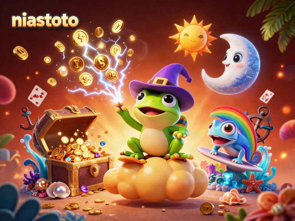 Engage with niastoto's thrilling slot demo featuring cartoon characters and golden prizes in a vibrant casino setting.