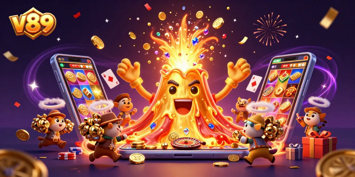 v89 menghadirkan kemeriahan slot dengan gunung emas meletus dan hewan kecil yang melarikan diri sambil membawa harta.