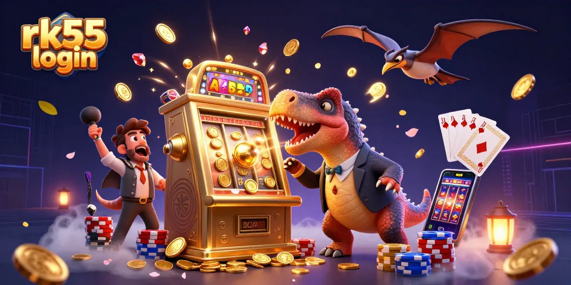 Experience rk55 login excitement with vibrant casino action featuring a dino-themed slot win.