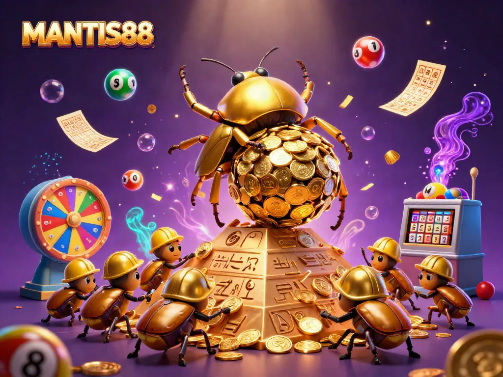 MANTIS88 reveals vibrant visuals of a golden beetle rolling coins and casino elements in an animated scene.