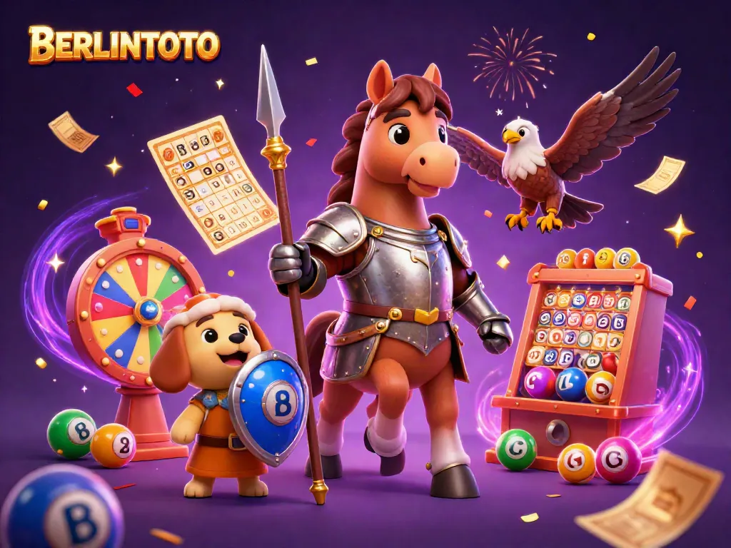 Experience the excitement of BERLINTOTO with lottery elements and fantastical characters in a dynamic illustration.