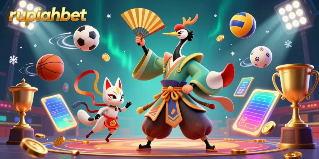 Experience exciting gameplay with rupiahbet, highlighted by a kabuki warrior and dynamic sports elements.