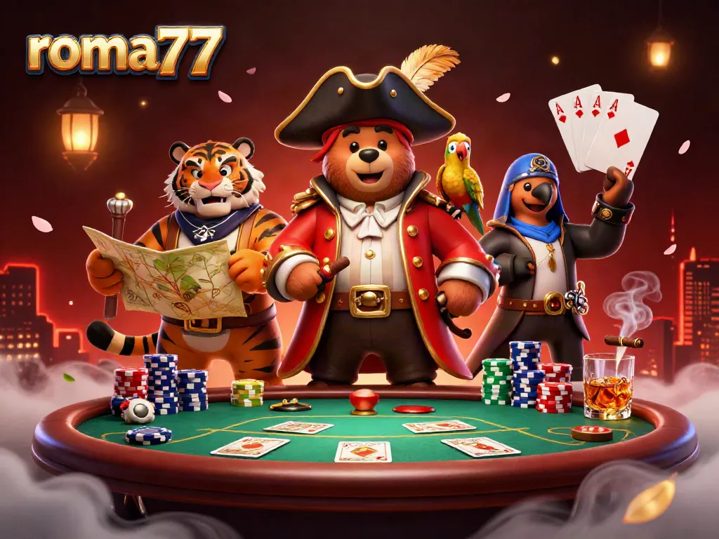 Slot gacor roma77 menampilkan karakter beruang kapten dan harimau dalam suasana kasino yang meriah.