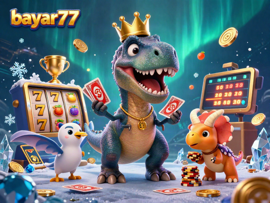 Bermain dengan bayar77, karakter T-Rex dan triceratops mengumpulkan chip emas di kasino.