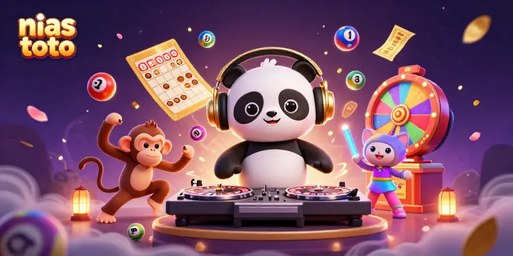 Gambaran nias toto interaktif dengan DJ panda, monyet breakdance, dan kucing rave.