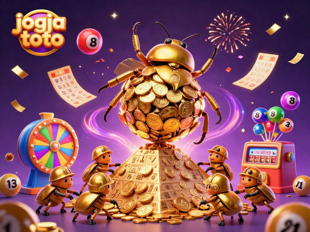 Engaging jogja toto lottery scene with golden beetles and vibrant casino elements
