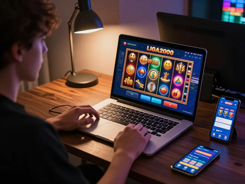 LIGA2000 online slot gamer using laptop, colorful slot reels on screen, engaging atmosphere promoting responsible gaming.