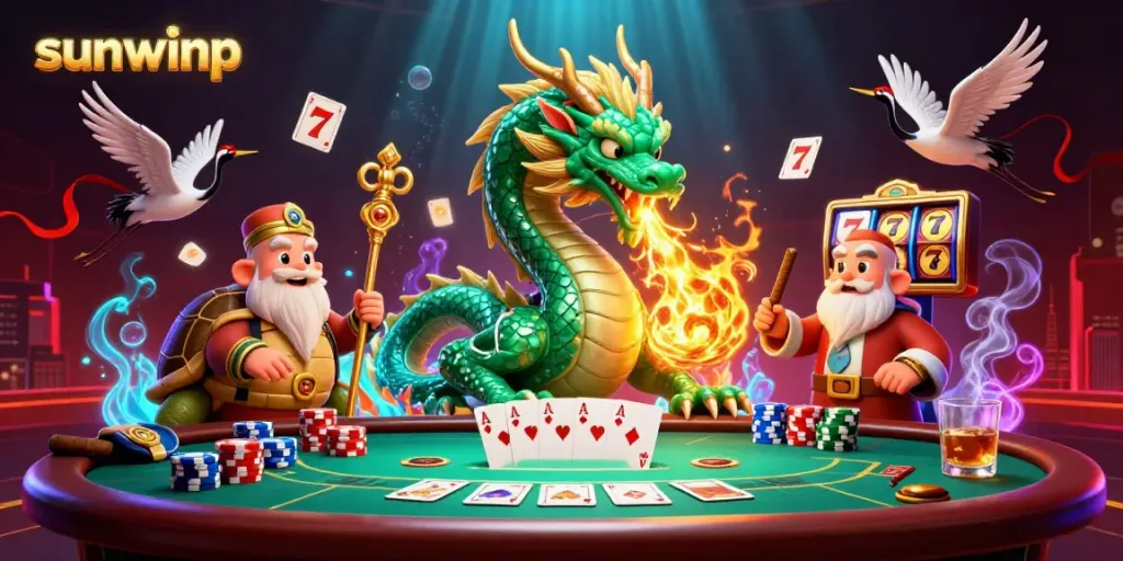 Experience winning at sunwinp with a jade dragon and poker elements in a vibrant casino scene.