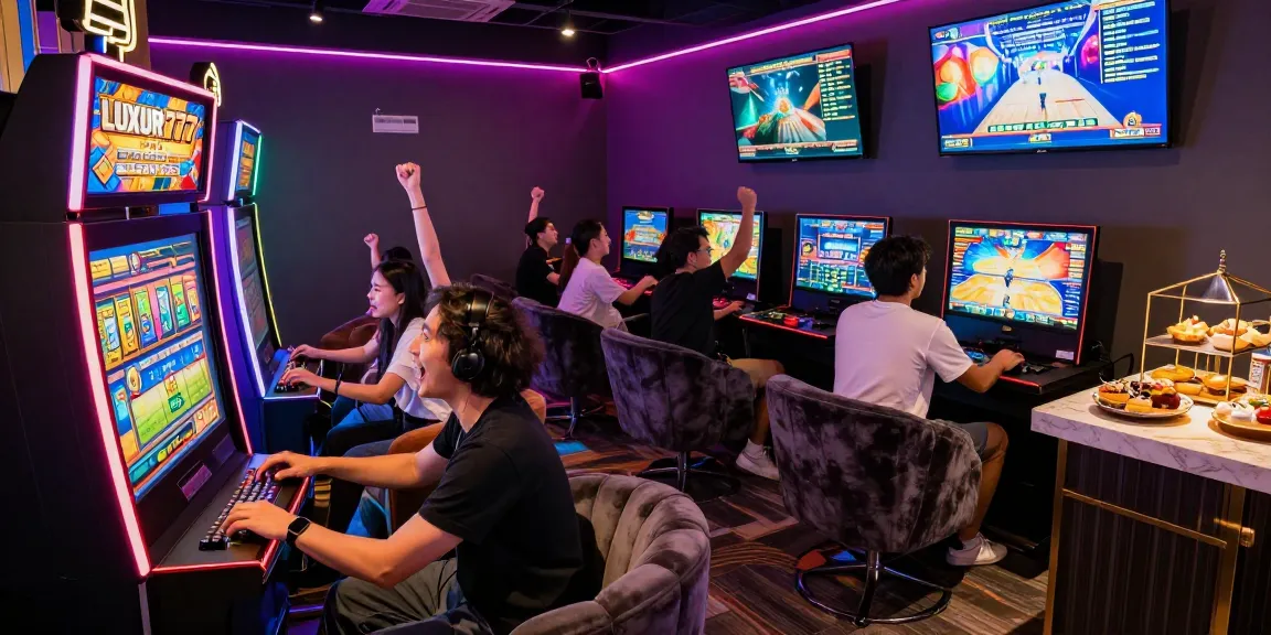 Atmosfer ceria di lounge game LUXURY777 dengan pemain bersemangat menang.