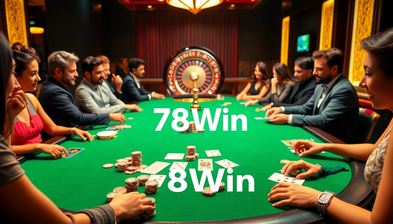 A dynamic casino table scene showcasing players enjoying games at 78Win, complete with cards and poker chips.