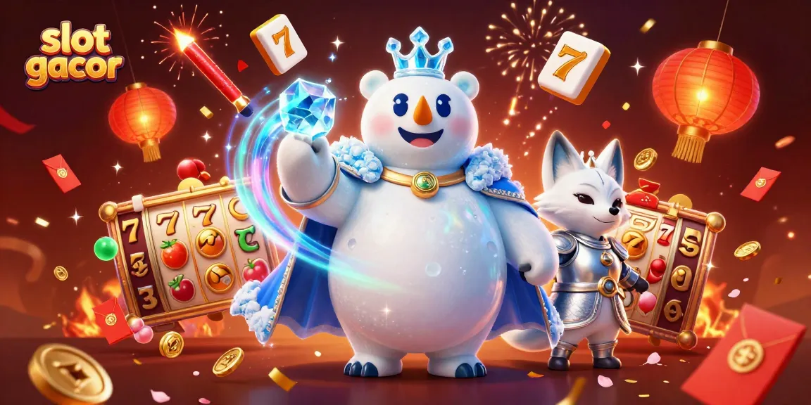 Engage in slot gacor with a festive scene showcasing a polar bear king and snow fox among casino elements.