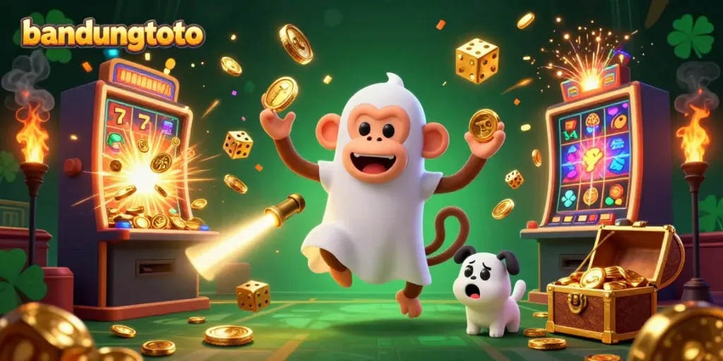 Experience thrilling gameplay with bandungtoto as a mischievous poltergeist juggles golden casino objects in a vibrant setting.
