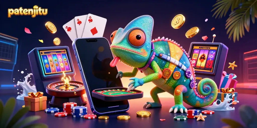 Melihat koleksi permainan kasino secara langsung di patenjitu dengan chameleon berwarna poker chip.