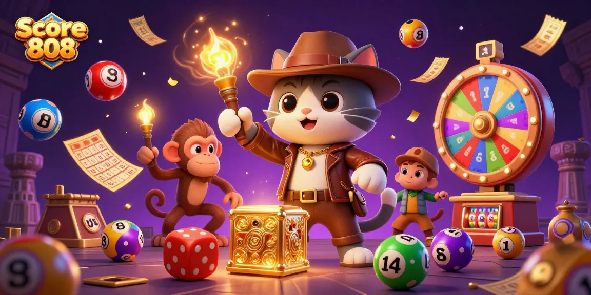 Engaging Score 808 scene featuring a cat archaeologist uncovering casino treasures with colorful lottery elements.
