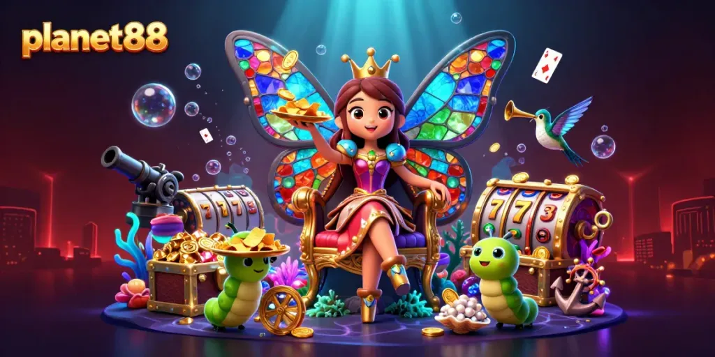 Engage in thrilling gaming action with planet88, featuring vibrant characters and dynamic casino elements.