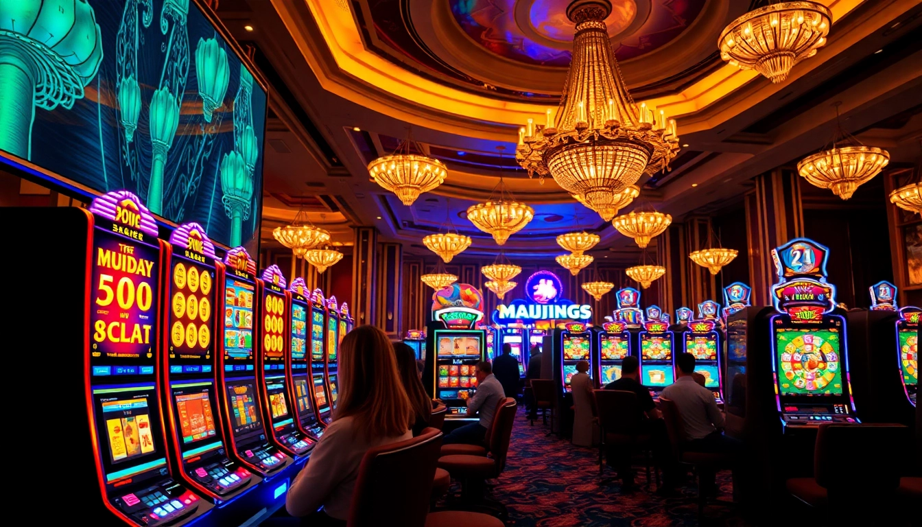 Slot mahjong machines illuminating an energetic casino scene with players engaged.
