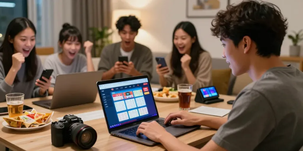 Pengguna dewitogel bersemangat bermain togel online bersama teman-teman di apartemen modern.