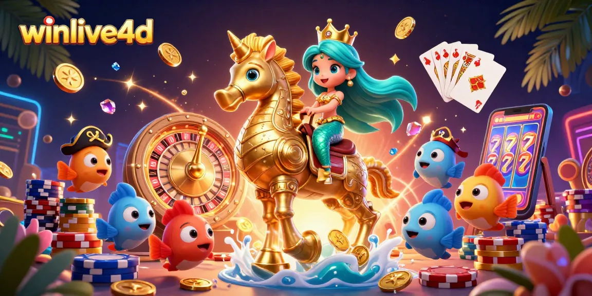 Winlive4d features a colorful underwater casino with a mermaid princess, seahorse, and vibrant game elements.
