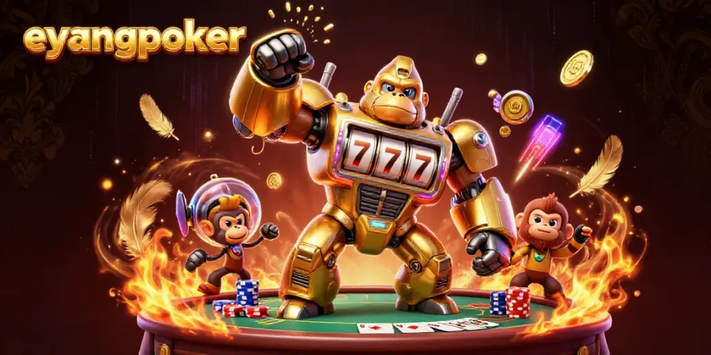 Menghadirkan adegan menakjubkan Eyangpoker dengan gorila mech emas dan permainan poker.