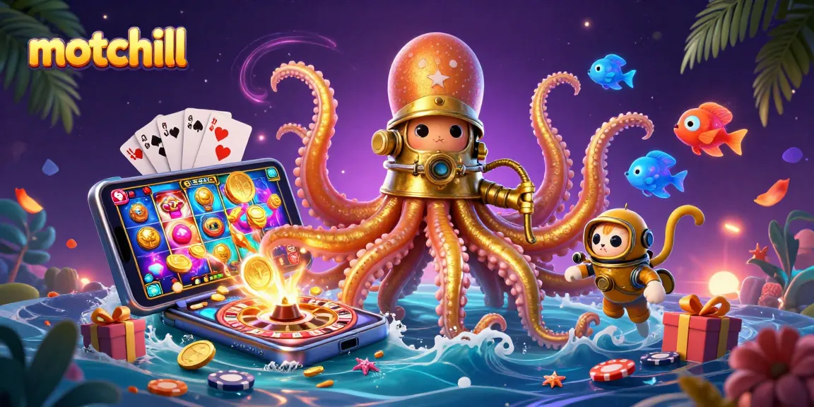 Experience thrilling action at motchill with a kraken, diving cat, and vibrant gaming elements.