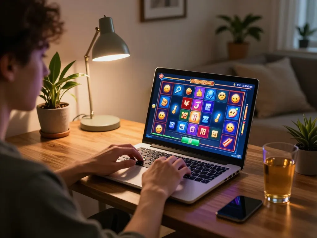 Kuwin online gaming experience with engaging slot machine interface on a laptop, comfortable home environment