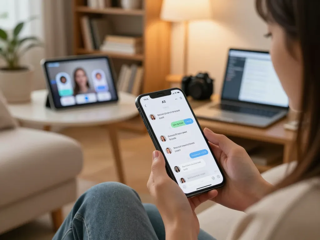 Engaging with ai 18+ chat interface in a cozy living room atmosphere.