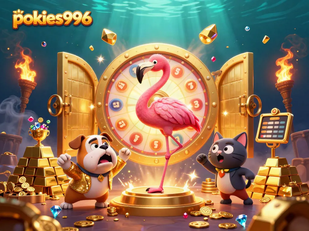 Spinning the pokies996 prize wheel with excitement and treasure, featuring a gold vault, gems, and riches.