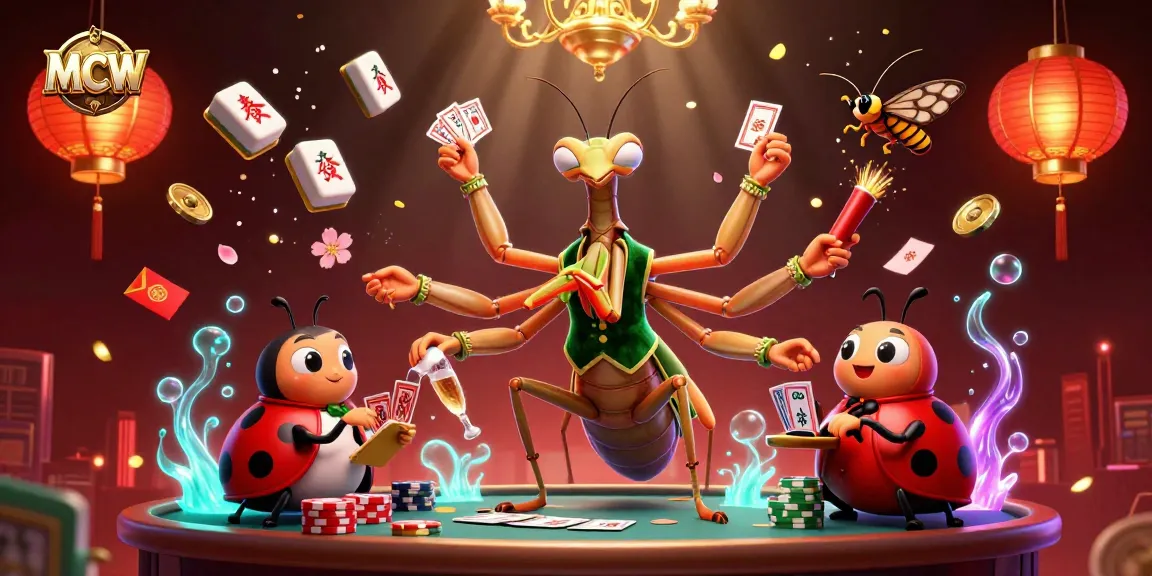 Engage in thrilling gameplay with MCW as a 3D mantis card sharp and ladybug pit boss shine in a lively casino scene.