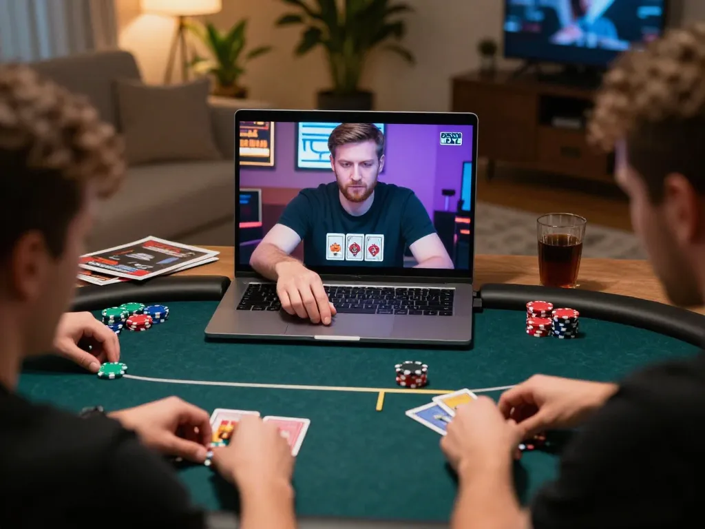 Sesi poker online yang menarik menampilkan login dasi4d di layar laptop, suasana rumah menggambarkan permainan yang bertanggung jawab