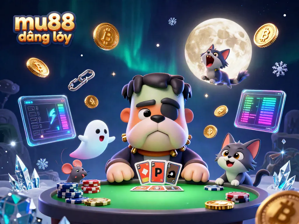 Experience thrilling gameplay with mu88 đăng nhập featuring a cartoon bulldog dealer and ghostly elements.