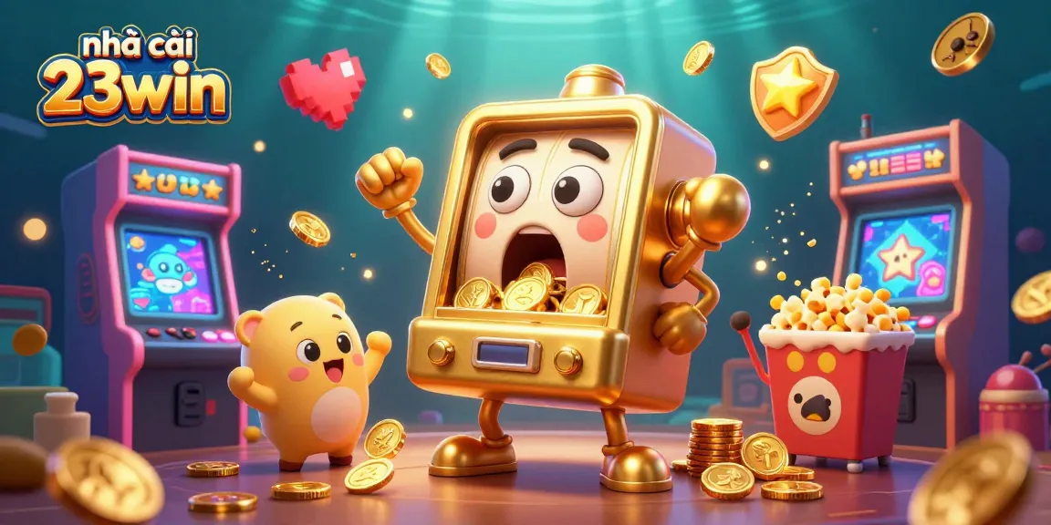 Experience the excitement of nhà cái 23win with this dynamic 3D illustration of a slot machine hitting a jackpot amid colorful casino elements.