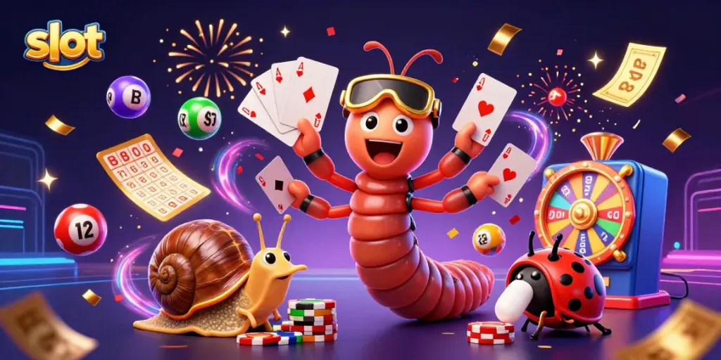 Permainan slot menarik dengan dealer millipede 3D dan simbol jackpot berwarna-warni.