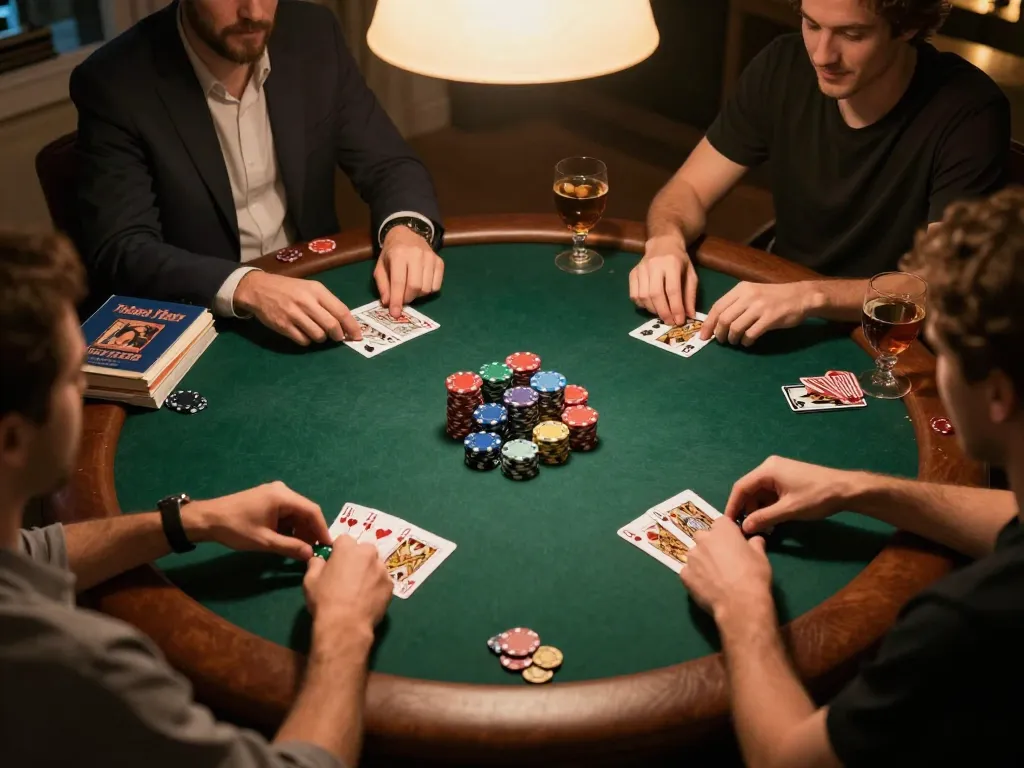 Friends enjoying a poker night at home, highlighting mpo500 strategy in a friendly setting.